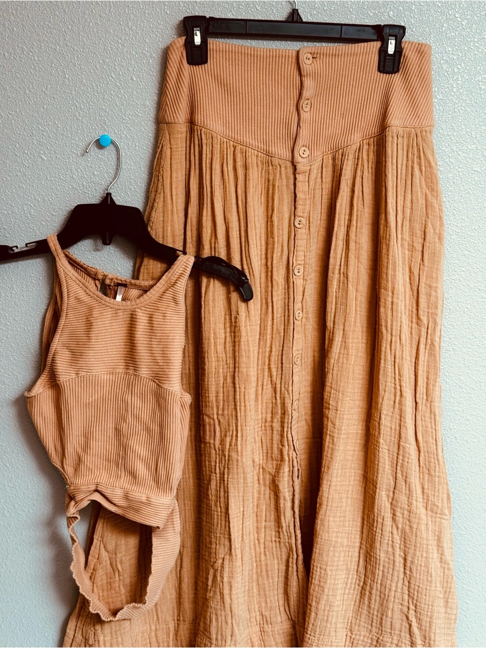 Free People Camel Ribbed Crop Top & Button-Front Maxi Skirt Set - Picture 2 of 5